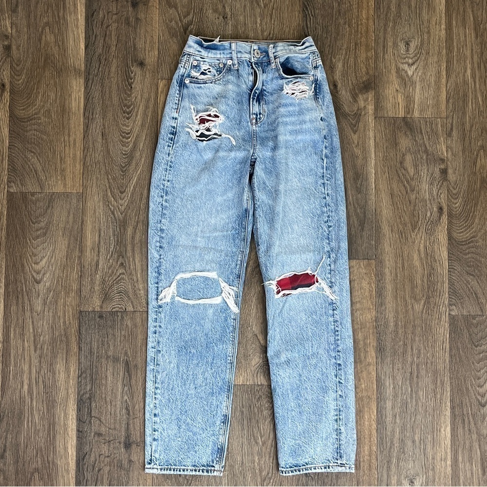 American Eagle Women Size 0 Highest Rise 90s Boyfriend Straight Leg Plaid Jeans - Picture 4 of 9